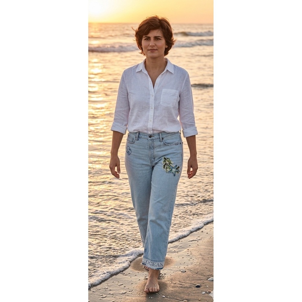 High Rise Jeans As 12 Coastal Themed Women Up Cycled Light Wash Buttonfly OOAK